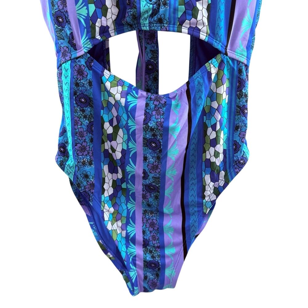 NWT Lucky Brand V-Neck Mixed Media Multi Print Cut Out One Piece Swimsuit Size L - Picture 6 of 13